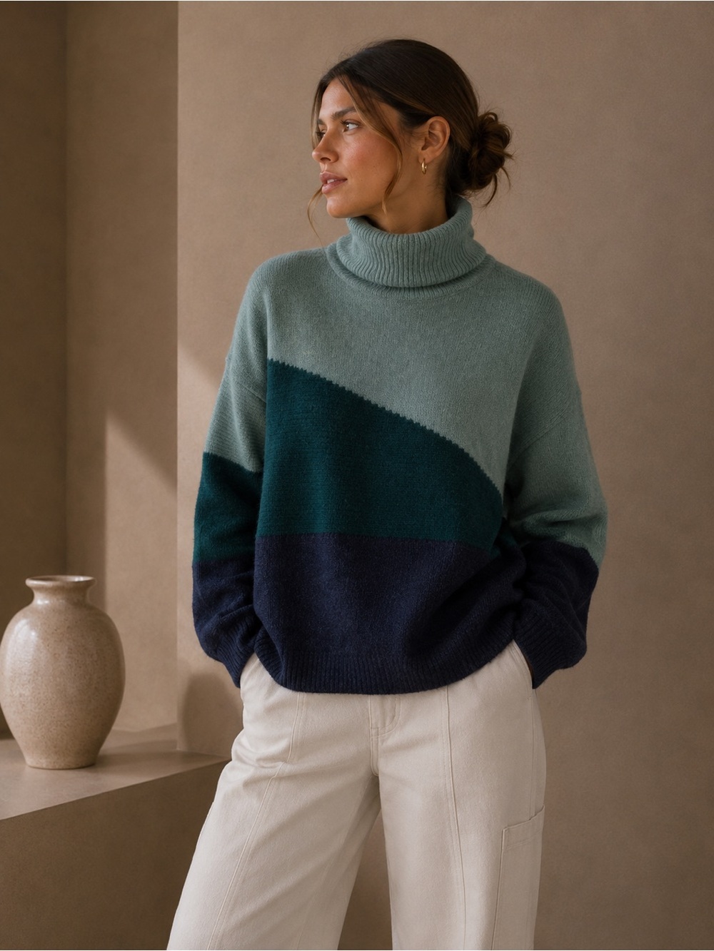 89th + Madison High Neck Block Green Turtleneck Sweater Medium